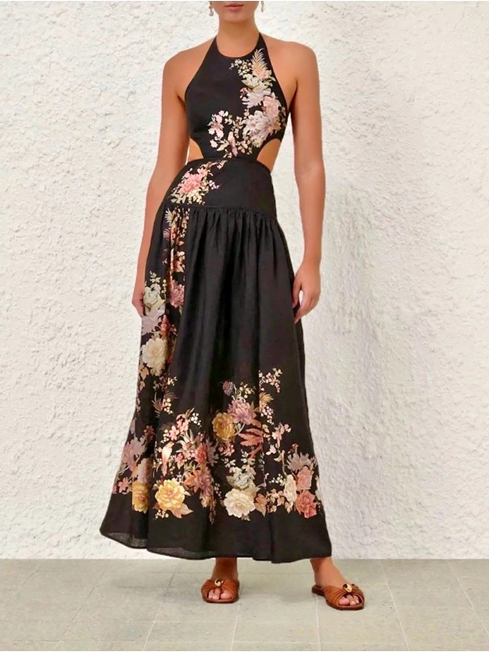 Zimmermann Tallow Halter Maxi Dress Floral Black & Pink